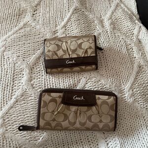 Coach Khaki and Dark Brown Signature Canvas Wallet & Zip Wallet Set